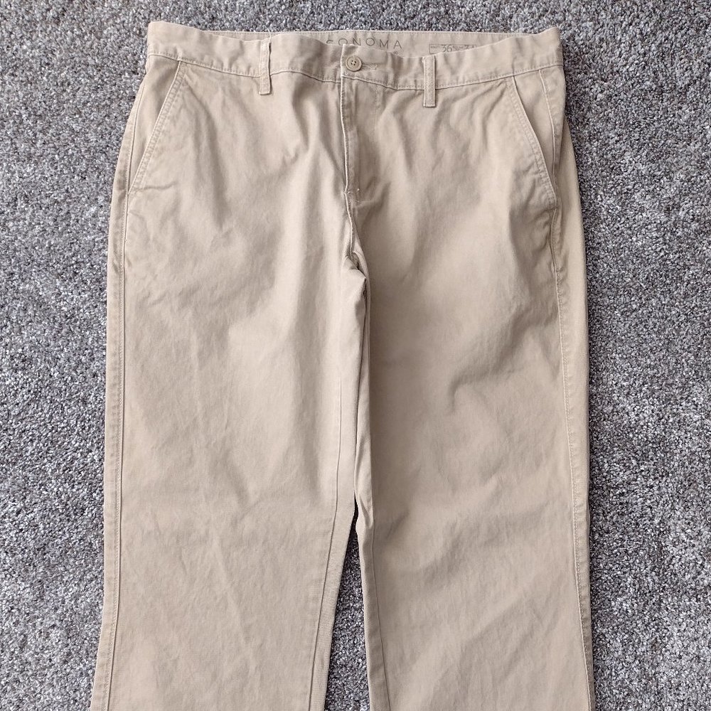 Sonoma Life+Style Mens Size 36x32.5 Light Sand Flat Front Chino Pants